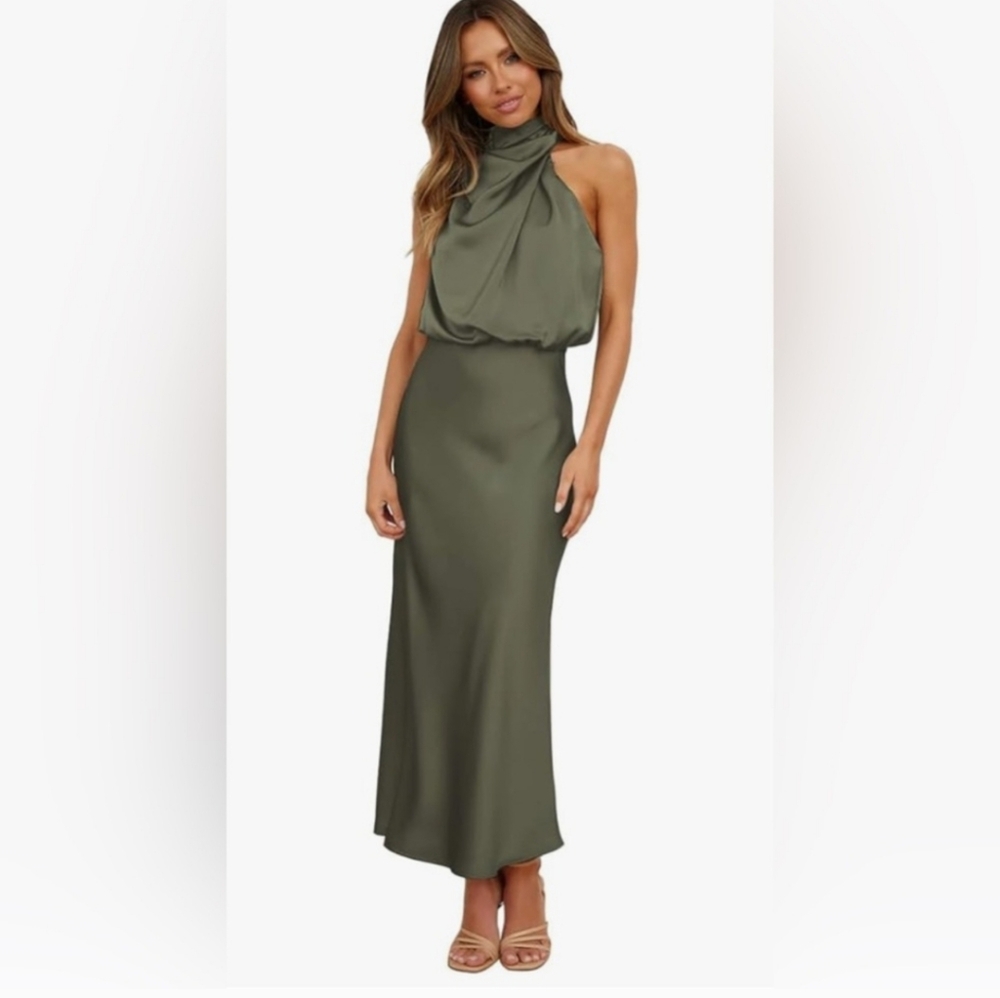 Elegant Olive Green Sleeveless Dress, Large